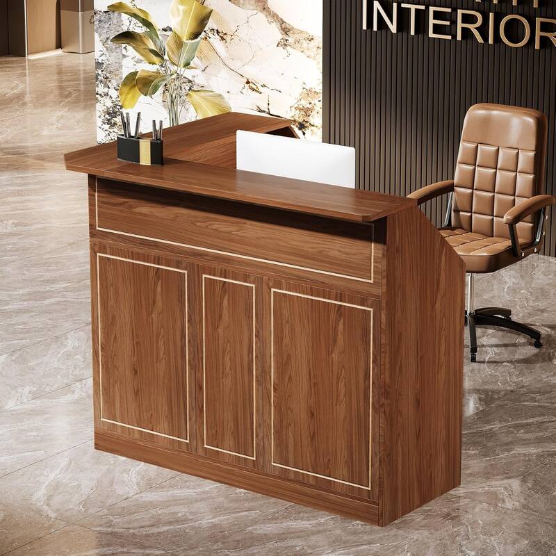 Reception Desk with Storage Shelves, L-Shaped Modern Front Desk