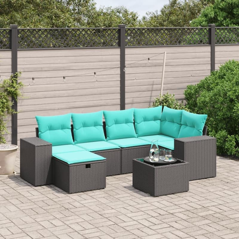 vidaXL Patio Sofa Set with Cushions Outdoor Conversation Furniture Poly Rattan - Black without storage - 24.4" x 24.4" x 27.2"