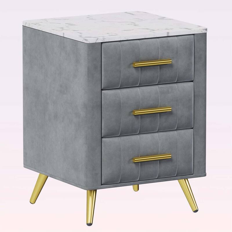 Stylish Design Upholstered Nightstand with 3 Drawers and Metal Legs & Handles