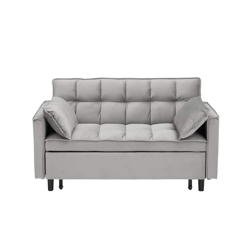 Velvet 3 in 1 Pull Out Loveseat Sofa Convertible Sleeper Love Seat Bed Tufted Futon Sofa with 2 Pillows and Pockets