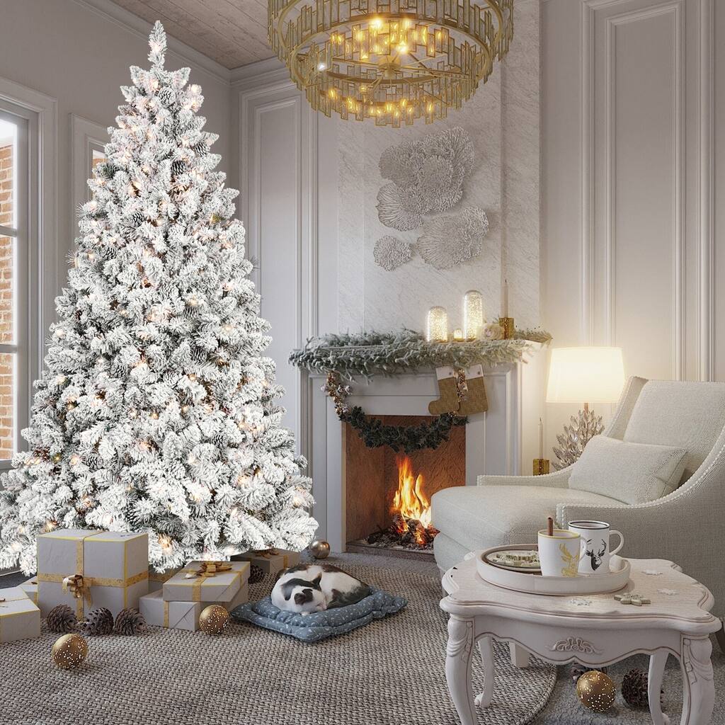 Pre-Lit Snow Flocked Tree - UL Lights, Pine Cones, Snowy PVC Tips, Hinged Structure - Green,White