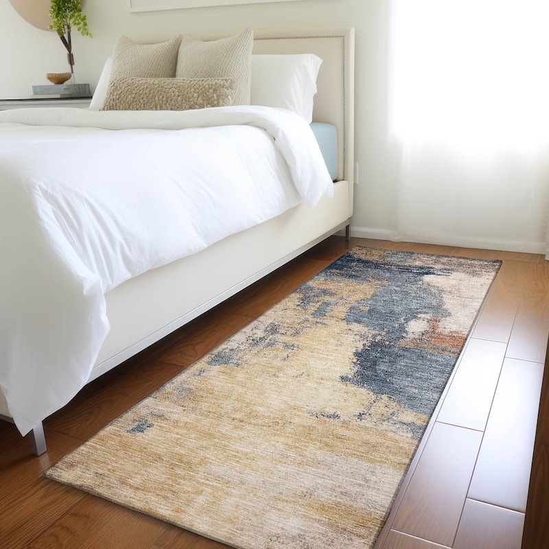 Machine Washable Indoor/ Outdoor Contemporary Abstract Chantille Rug - Gold - 2'3" x 7'6"