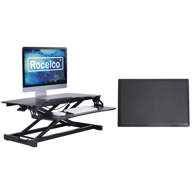 Rocelco 31.5 in. W Black Standing Desk Converter with Floor Mat, Dual Monitor Riser and Deep Keyboard Tray Platform