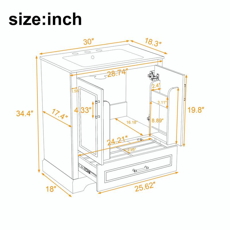 24" Bathroom Vanity with Sink - MDF Cabinet and Solid Wood Frame