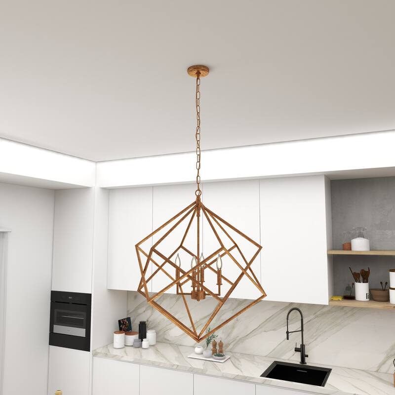 Metal Caged 4 Light Room Chandelier with Link Style Chain - Gold - Roche River Decor