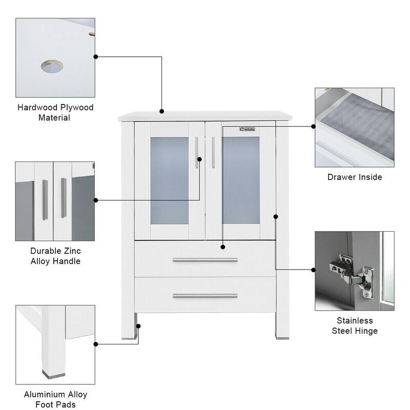 24" Bathroom Vanity White Set Glass/ Ceramic Vessel Sink Cabinet Faucet Drain Free Standing Combo