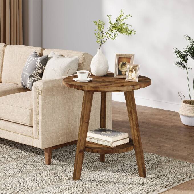 2-Tier Solid Wood Side Table, Circular End Table, Rustic Bedside Table - 1PC - Brown