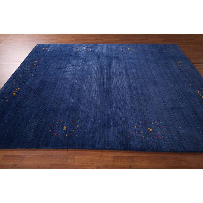 Royal Blue Striped Gabbeh Oriental Area Rug Handmade Silk Carpet - 7'8"x 9'5"