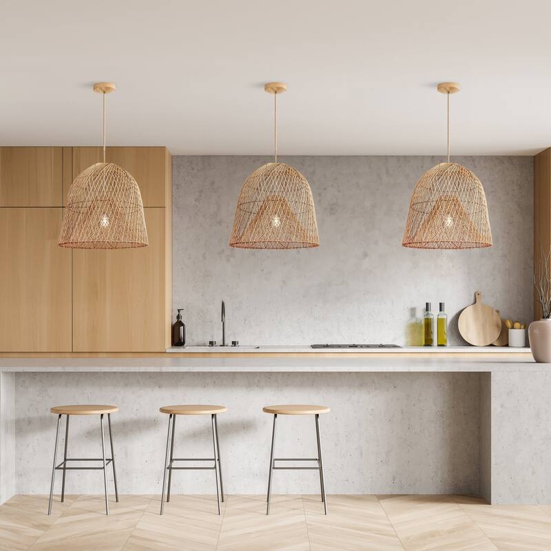 Santa Barbara Rattan Pendant Light - Natural Dome 1-Light Handwoven Light Fixture For Modern, Coastal, Farmhouse Room Decor