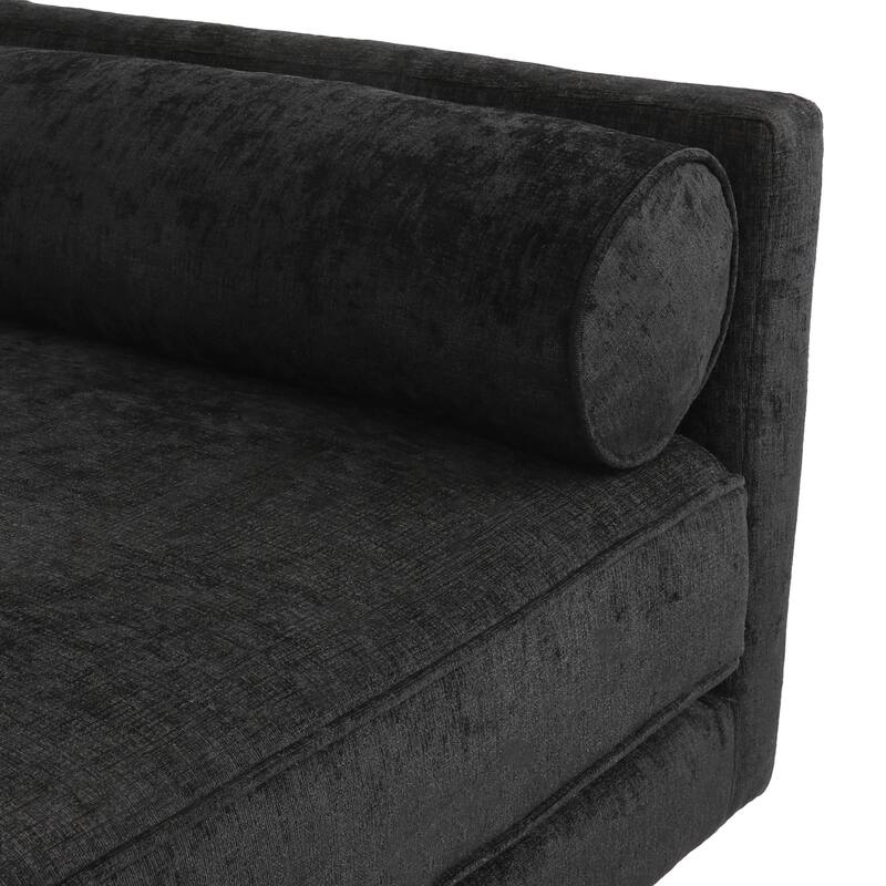 Roomfitters Modern Upholstered Chaise Lounge with Bolster Pillow and Angled Wood Legs, Black