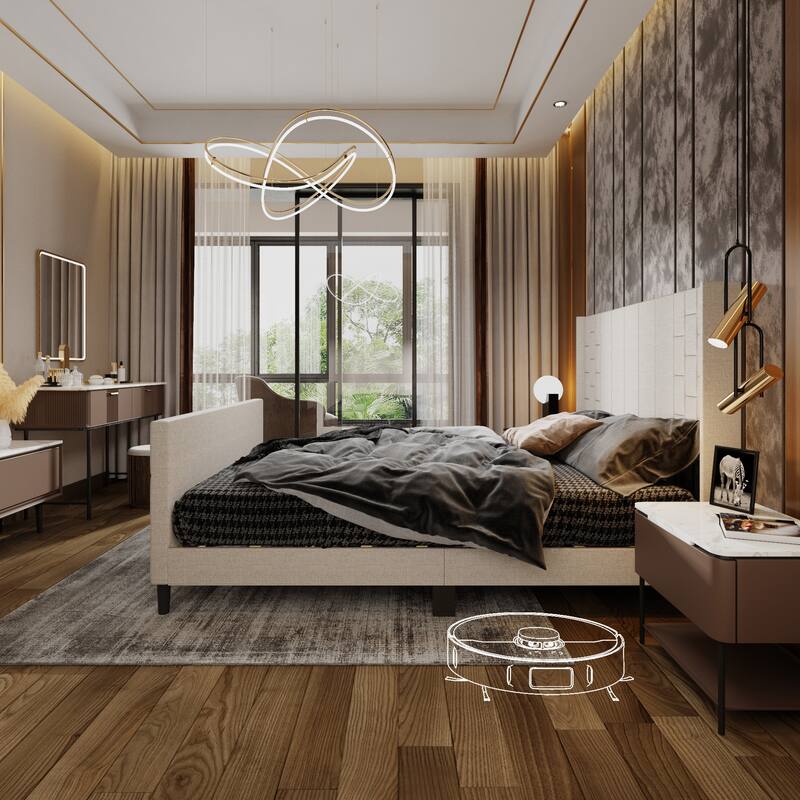 Upholstered Bed Frame with USB Port, Platform Bed with Headboard and Footboard Queen Size