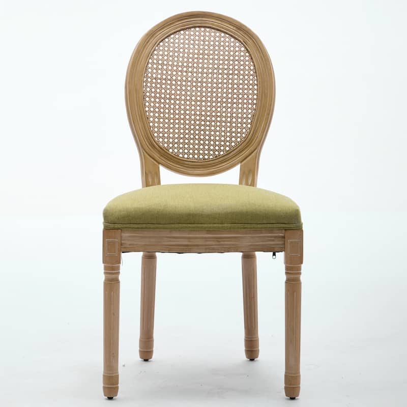 Set of 2 French Linen Upholstered Wood Dining Chairs with Rattan Back