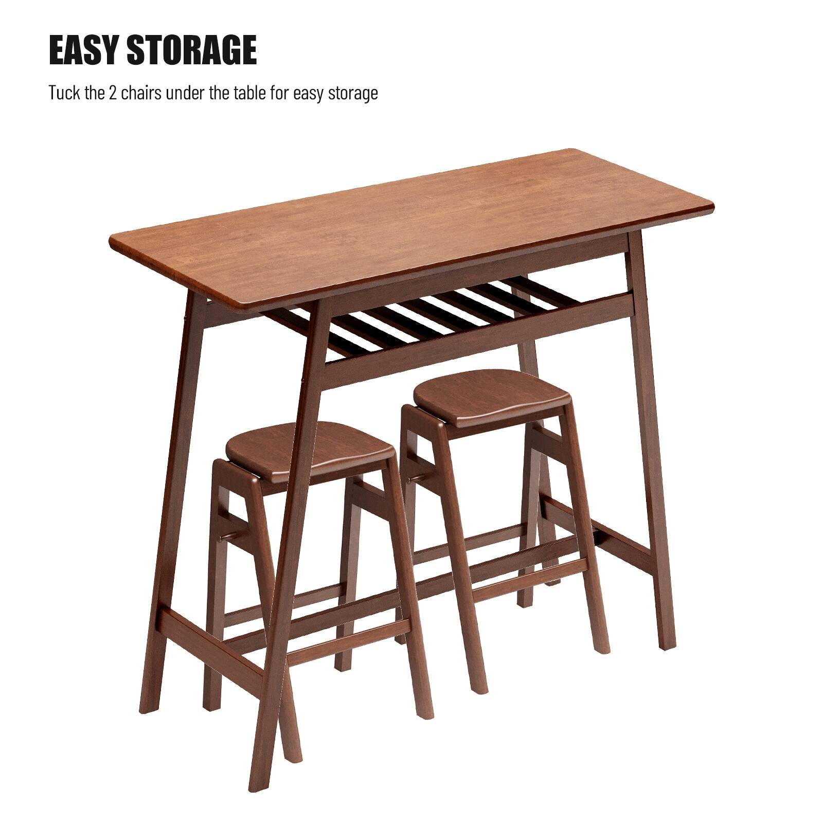 3pcs Pub Dining Set Retro Bar Table Set with 2 Stools and Shelf Bed