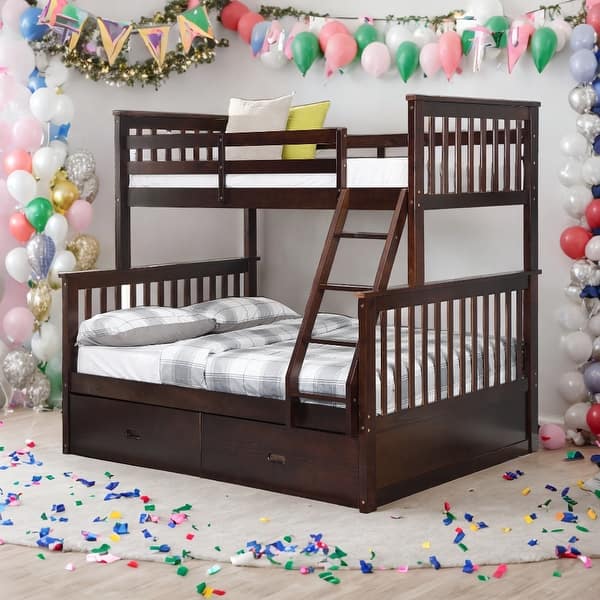 slide 2 of 50, Twin over Full Wooden Bunk Bed with Storage Drawers,Ladder and Safety Guard Rails Espresso