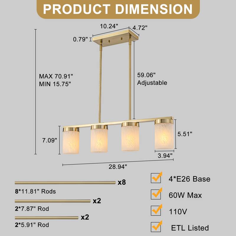 4-Light Faux Marble Glass Island Pendant Light Modern Kitchen - Dia.28.94-in