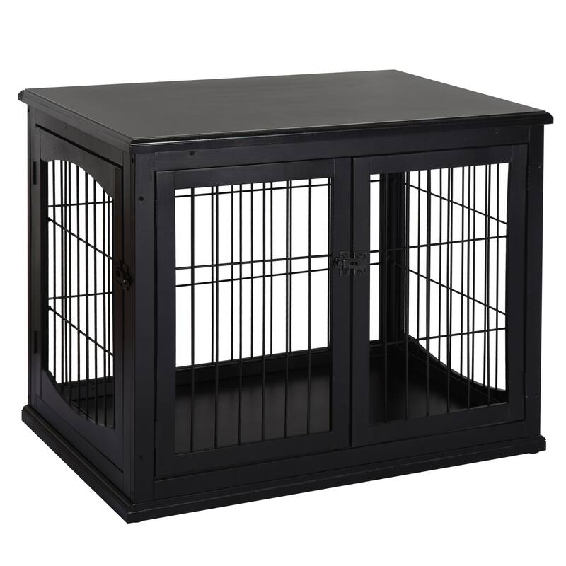 PawHut Dog Crate Furniture, Small Dog Cage End Table with Two Opening Sides, Lockable Door, Puppy Kennel Indoor - Black - Black