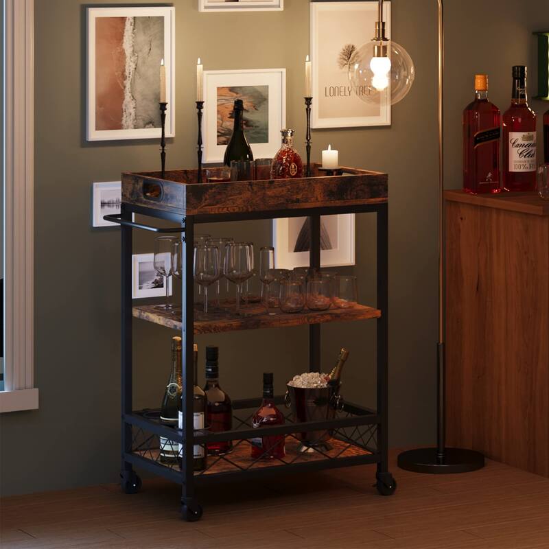 Farmhouse 3 Tier Bar Cart with Wheels and Portable Tray - 23.6"W x 15.7"D x 35.64"H