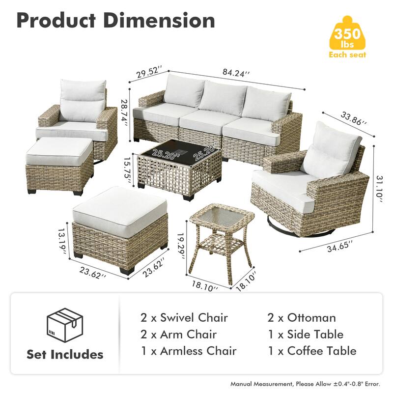 OVIOS 9 Pieces T shaped Swivel Chair Set With Solar-Powered Coffee Table