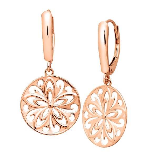 Just Gold Floral Medallion Drop Earrings in 14K White Gold - Pink