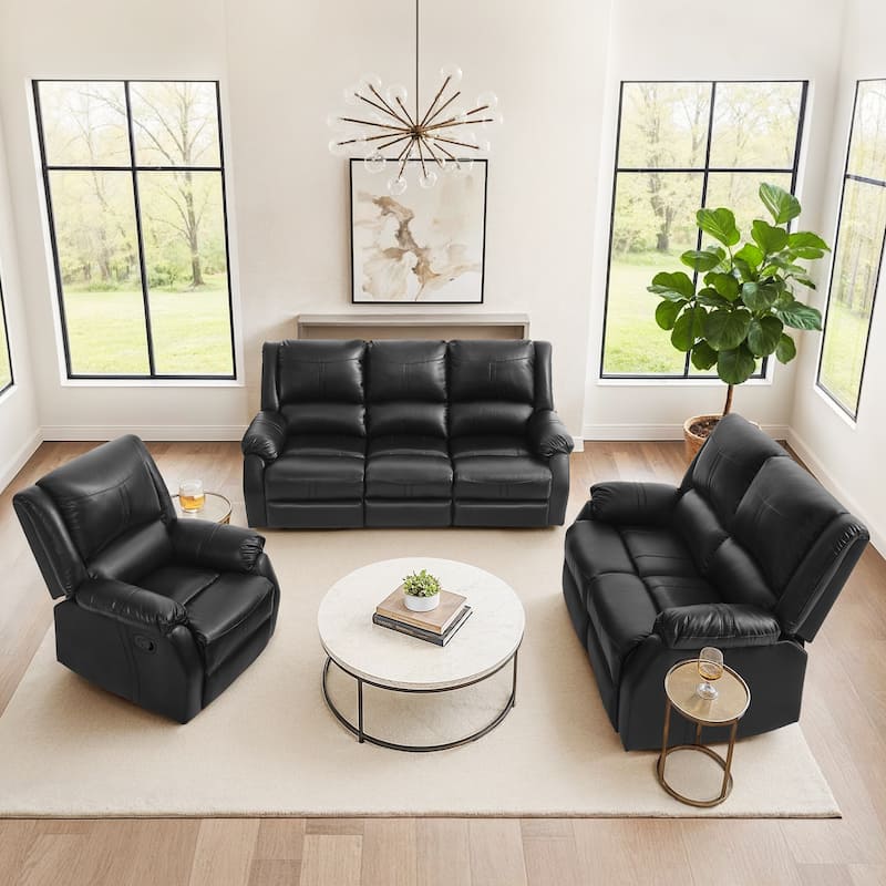 Manual 3-Piece Recliner Sofa Set, Modern Faux Leather Recliner Sofa, 3 Piece Couch Sets For Living Room - Black
