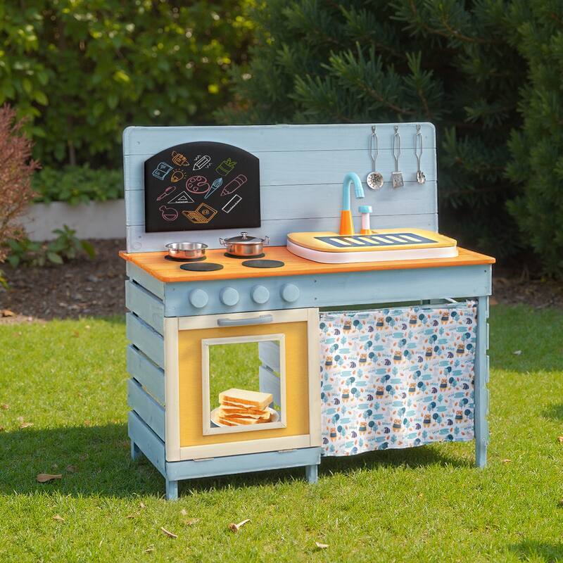 Wooden Toy Kitchen Playset with Removable Circulation Faucet and Cooking Accessories-Blue - Multi