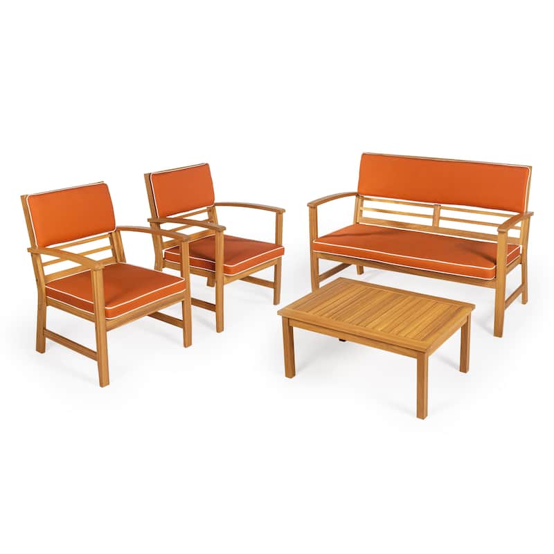 Freja 4-Piece Modern Coastal Acacia Wood Conversation Outdoor Patio Set with Cushions, by JONATHAN Y - Orange