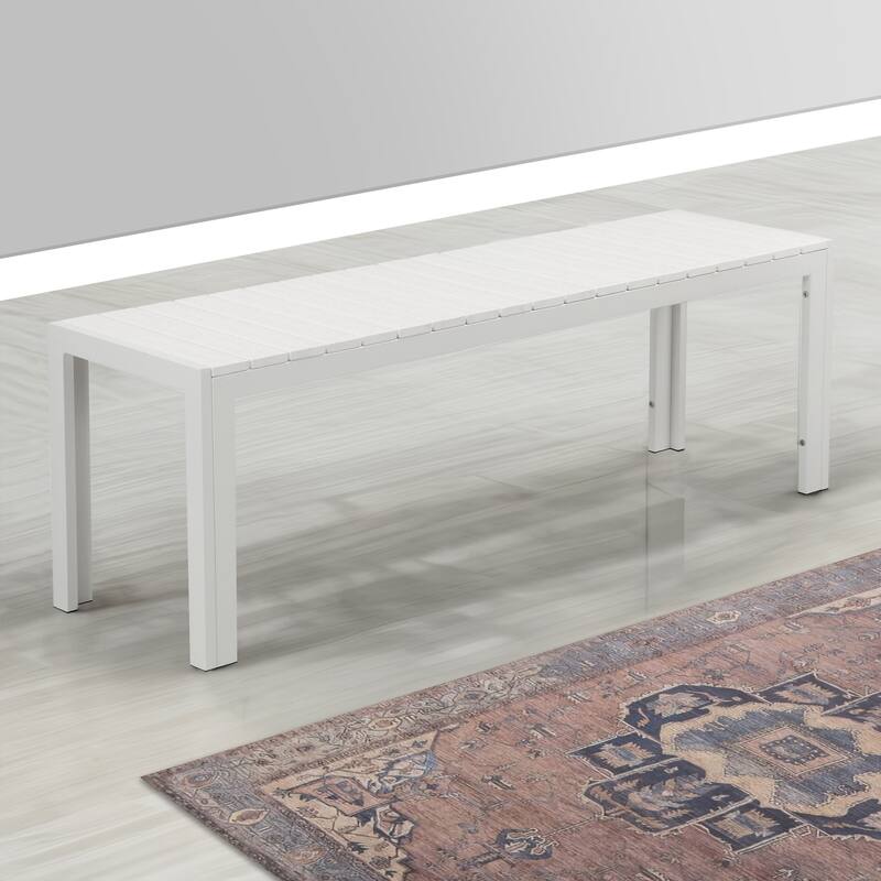 Theo 53 Inch Outdoor Bench, White Aluminum Frame, Plank Style Seat Surface