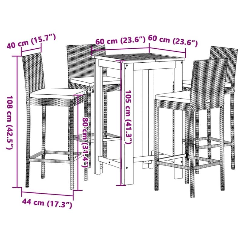 vidaXL Garden Bar Set Grey Solid Acacia Wood Medium Removable Covers - 23.6 x 23.6 x 41.3