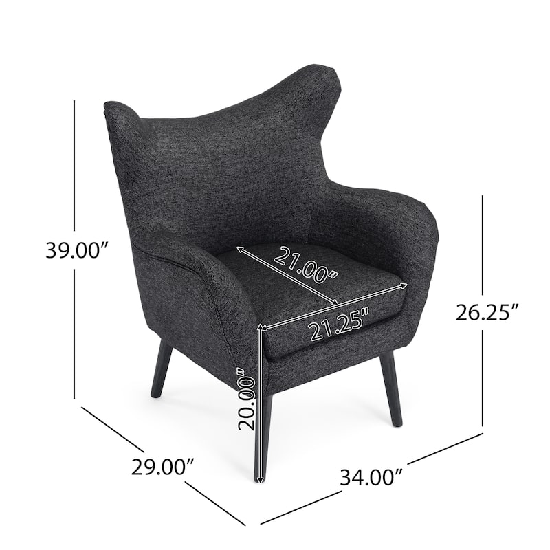 Black Modern 34.25" Upholstered Arm Chair with Oak Wood Legs and Wing Back