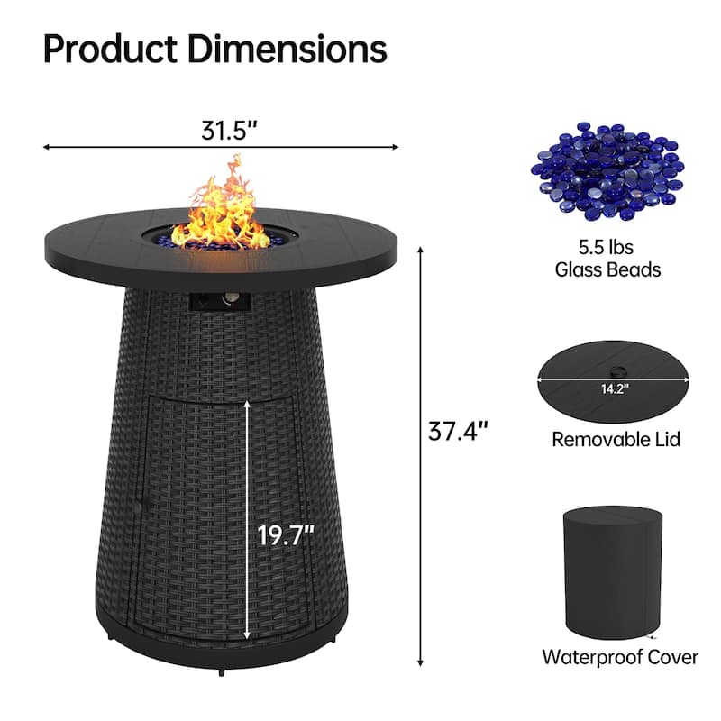 31.5" Wicker Propane Bar Height Fire Pit Table, 40,000 BTU Outdoor Round Gas Fire Table with Fire Glass Stone
