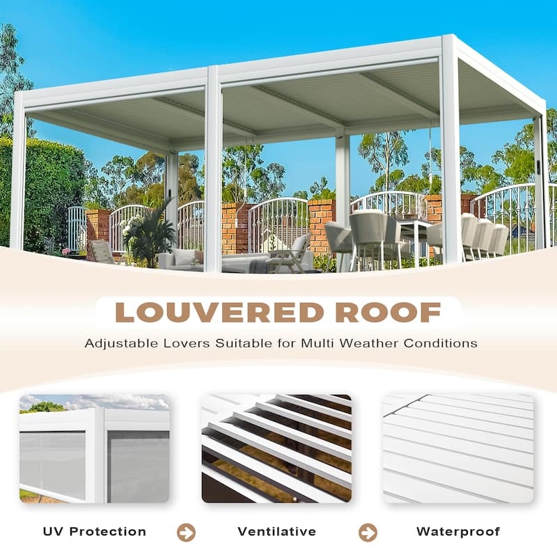 EROMMY Outdoor Louvered Pergola Gazebo with Adjustable Aluminum Rainproof Roof and Pull-Down Screen