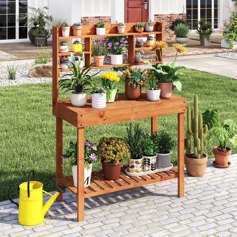 Fir Wood Outdoor Potting Bench Table with Flip Top Hidden Storage and Shelves Brown and Natural Garden Workstation