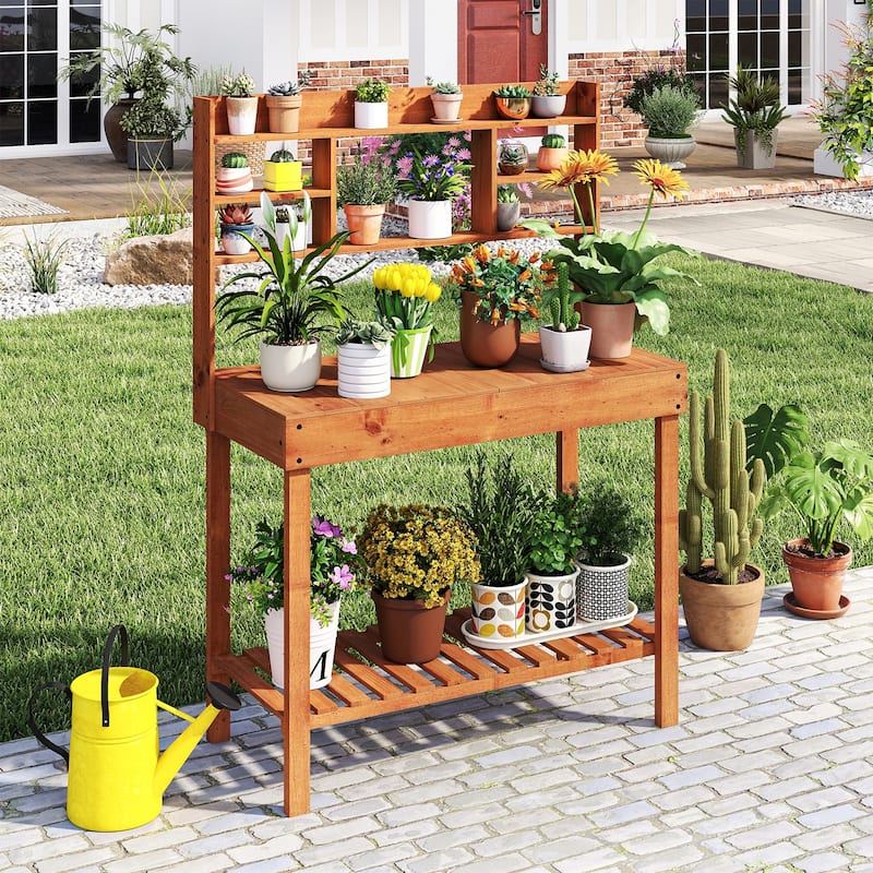 Gymax 61'' Wooden Potting Bench Table w/3-Tier Open Shelf Flip-up