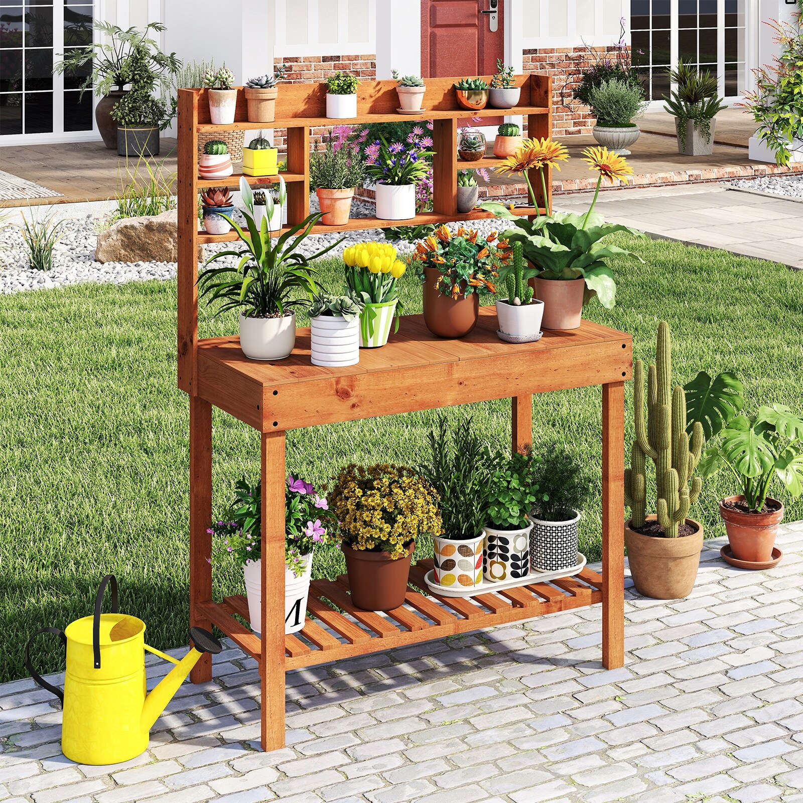 Gymax 61'' Wooden Potting Bench Table w/3-Tier Open Shelf Flip-up