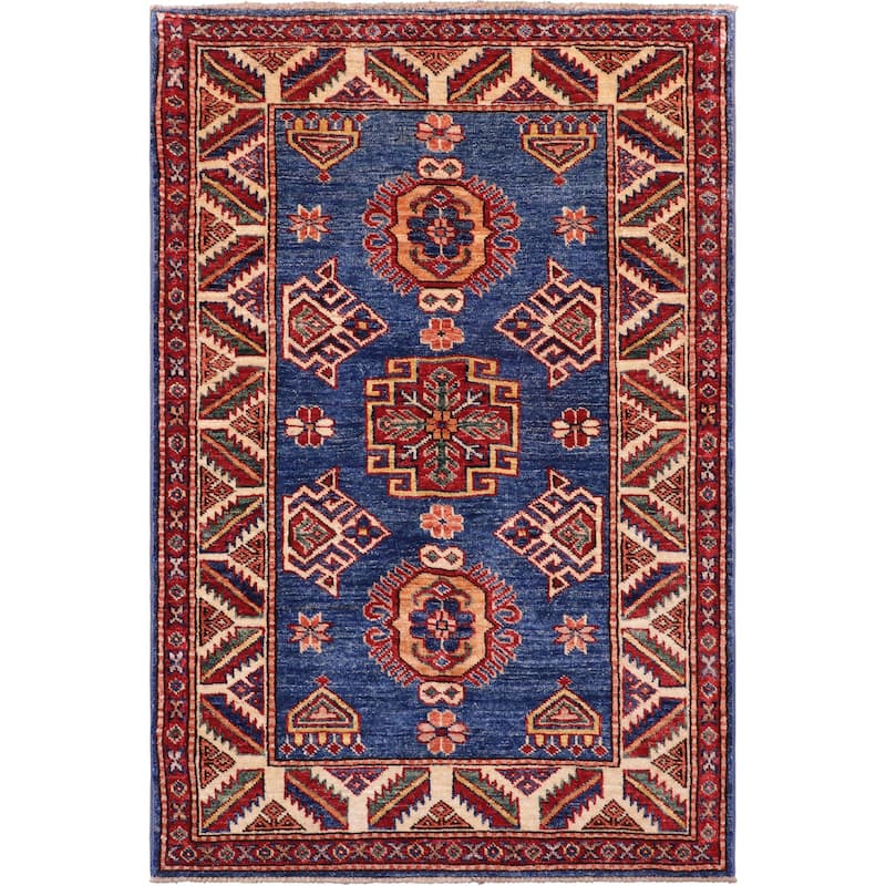 Southwestern Super Kazak Zion Blue/Beige Hand Knotted Wool Rug - 2'9'' x 3'8''