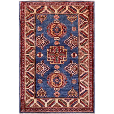 Southwestern Super Kazak Zion Blue/Beige Hand Knotted Wool Rug - 2'9'' x 3'8''