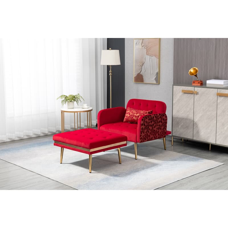 Velvet Upholstered Tufted Living Room Sleeper Chair With Ottoman