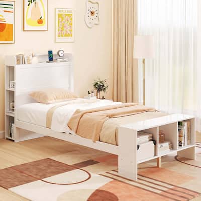 Costway Twin/Full Size Bed Frame with Storage Headboard & Footboard