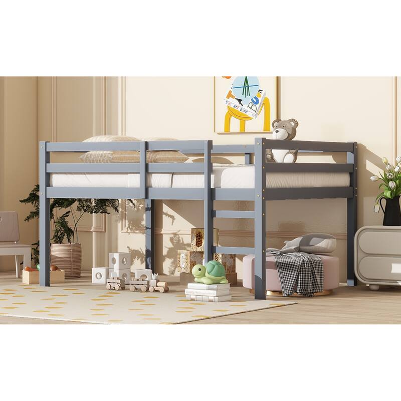 Roomfitters Full Rubber Wood Loft Bed with Ladder, Reinforced Slat Platform, Low Height Space Saving Design