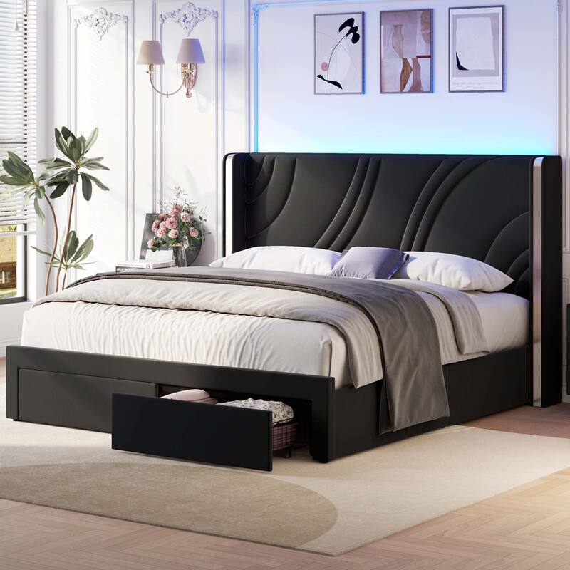 Modern Wingback Bed Frame with Storage Drawers RGB Light