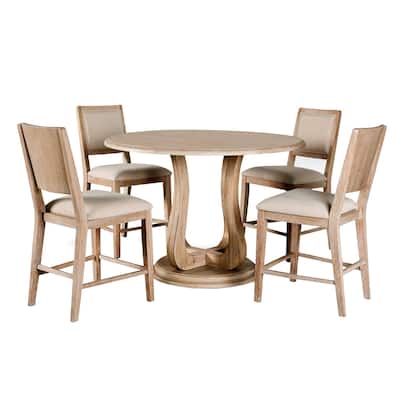 5 Piece Wood and Fabric Counter Height Dining Set in Distressed Natural