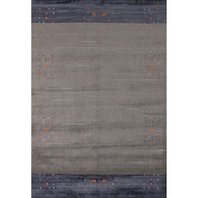 Gray Gabbeh Indian Area Rug Hand-Knotted Modern Wool Carpet - 5'6" x 8'1"