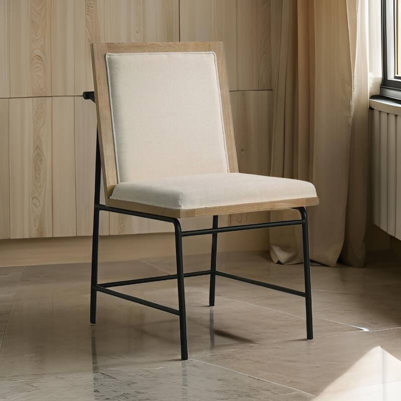 Tory 25 Inch Dining Chair Set of 2, Cream Fabric, Brown Wood, Black Metal