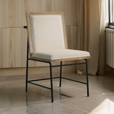 Tory 25 Inch Dining Chair Set of 2, Cream Fabric, Brown Wood, Black Metal