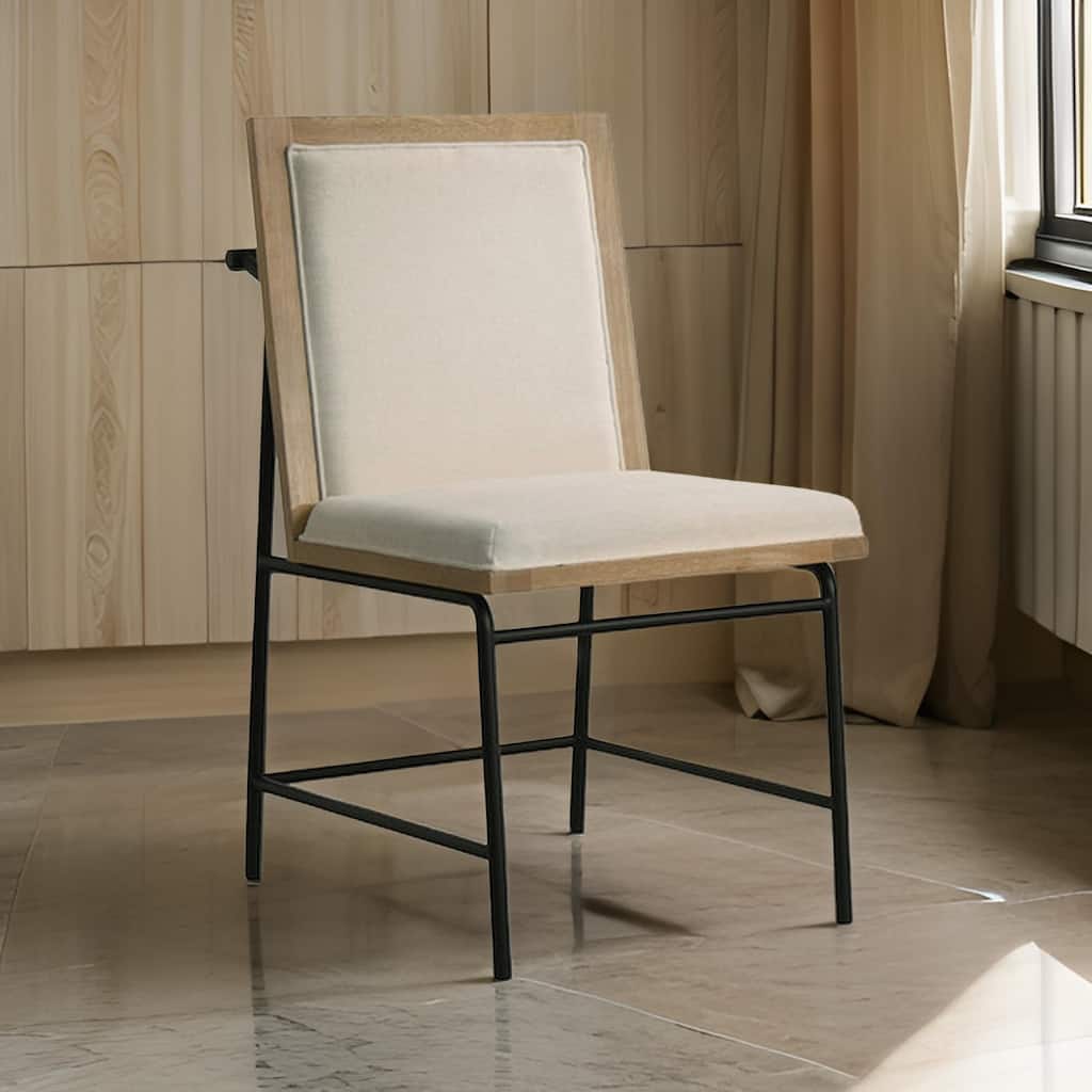 Tory 25 Inch Dining Chair Set of 2, Cream Fabric, Brown Wood, Black Metal