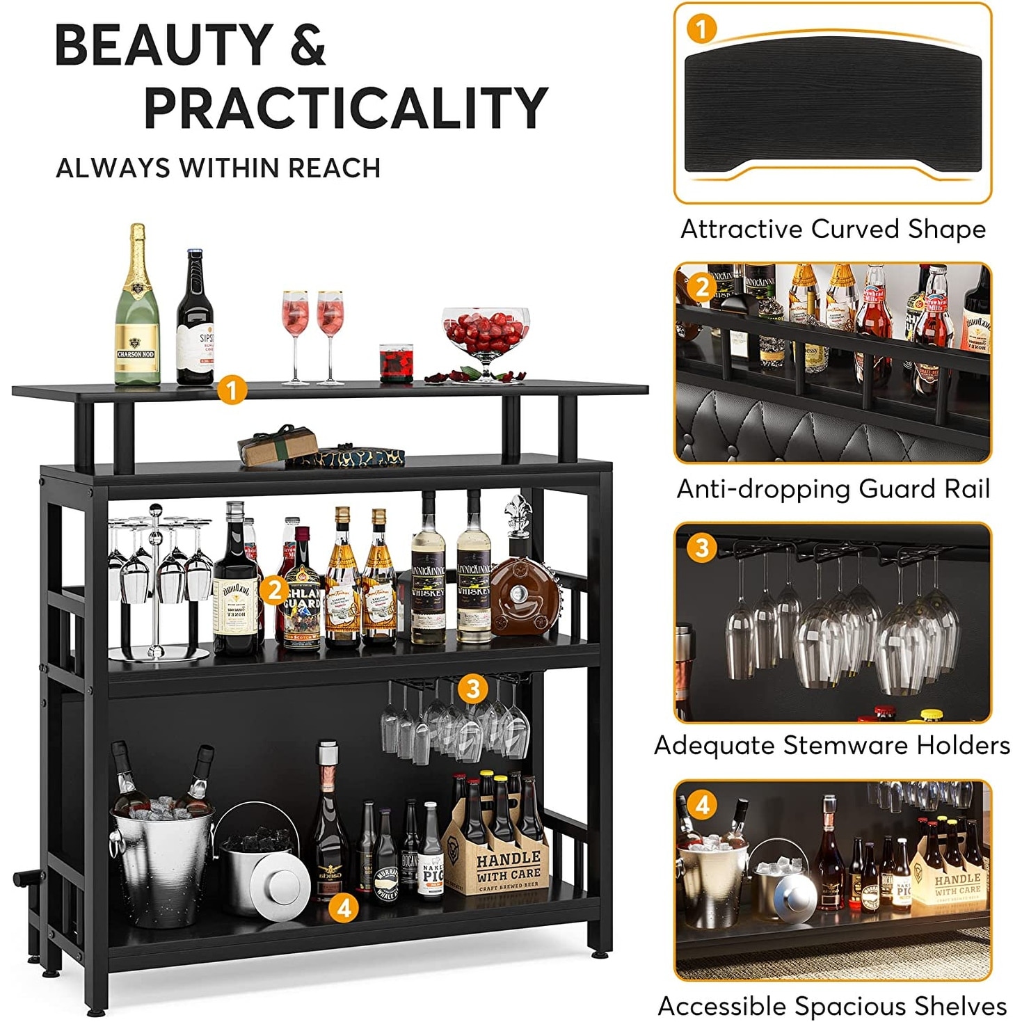 Bar Unit Bar Counter Table for Home Liquor with Front Upholstered