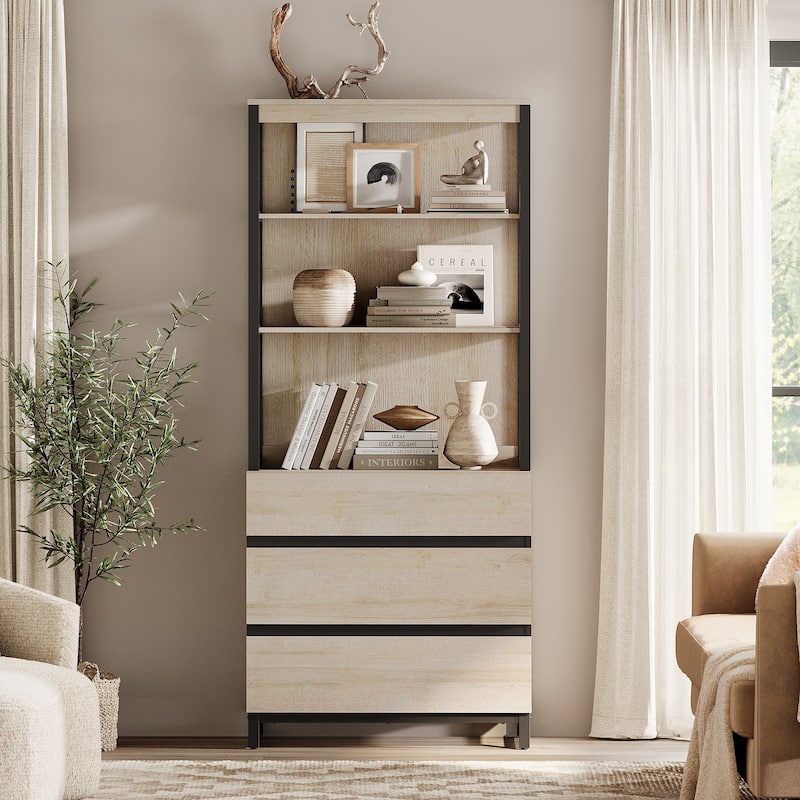 WAMPAT Modern 72" Tall Bookcase with Drawers and Open Book Shelfs, Library Book Shelf for Home Office, Living Room