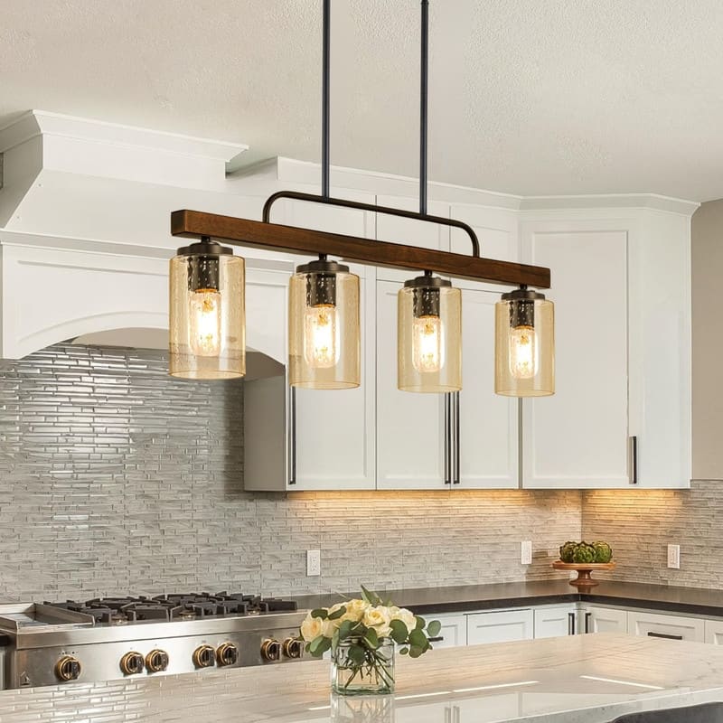 4 Light light fixture black, wood dining light metal, wood pendant light