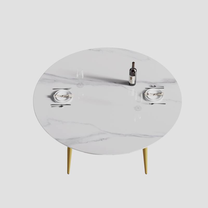 59" White Round Dining Table with Marble Top and Metal Legs
