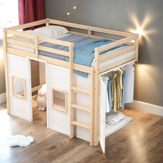 Simple & Modern Wood Twin Size Loft Bed with Built-in Storage Wardrobe and 2 Windows, Playful Space, Sturdy Construction, Gray